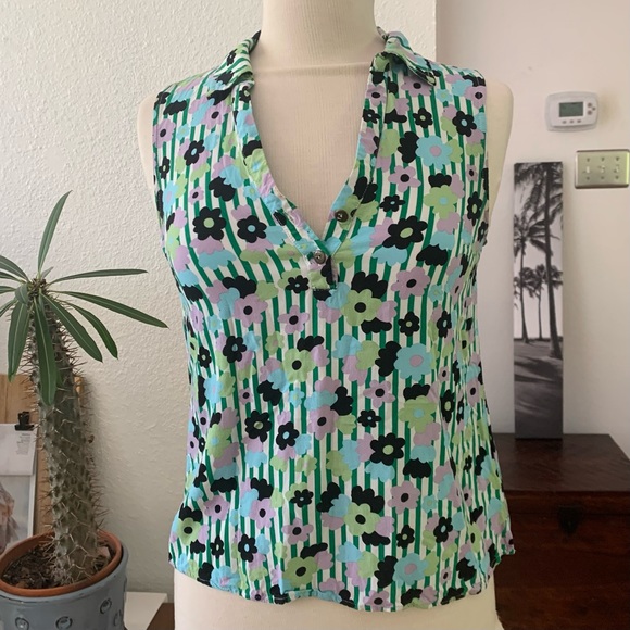 ModCloth Sleeveless collared top with stripes and Warhol style abstract flowers - Picture 1 of 8